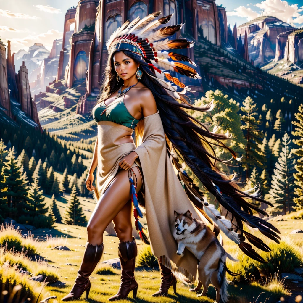 a beautiful native north american woman in sexy native American clothes with her dog, green grass, trees, flowers, mountains, full-lenght, high detailed, realistic full-lenght photo ((best quality)), ((masterpiece)), detailed soft oil painting, detailed background, dramatic cinematic lighting, soft edge lighting, professional, dramatic lighting, hard edge lighting, ultra quality, 4k,(masteriece, best quality, 8k, ultra highres, highres:1.4), extremely detailed, beautiful girl, high detail skin, high detail eyes, high detail hair, high rest , ultra detailed, sharpen picture, Highly detailed, masterpiece, best quality,perky breasts, supermodel body, long hair, native American, dark skin, feathers, hair ornament, jewelry, necklace, tribal, headdress