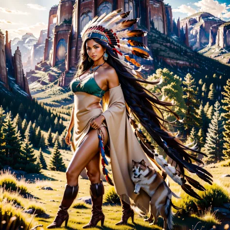 a beautiful native north american woman in sexy native american clothes with her dog, green grass, trees, flowers, mountains, fu...