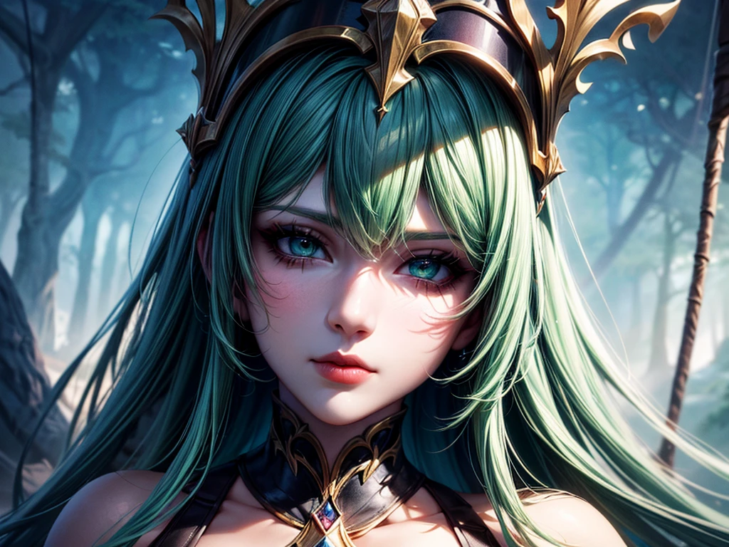 In the middle of  forest  plane there is beatiful siren who dance under the stary night sky, she have neatiful face long green hair with orange highlights her eyes in emerald green  red lipsick and smoky eyes make up, her naked body cover only with black transparent spiler web vail,  (ultra high quality fantasy art, dark fantasy style, masterpiece, ultra high quality character design, 8k quality anime art, realistic anime art, top quality wallpaper illustration, detailed ultra high quality accurate face, high quality design and accurate physic)