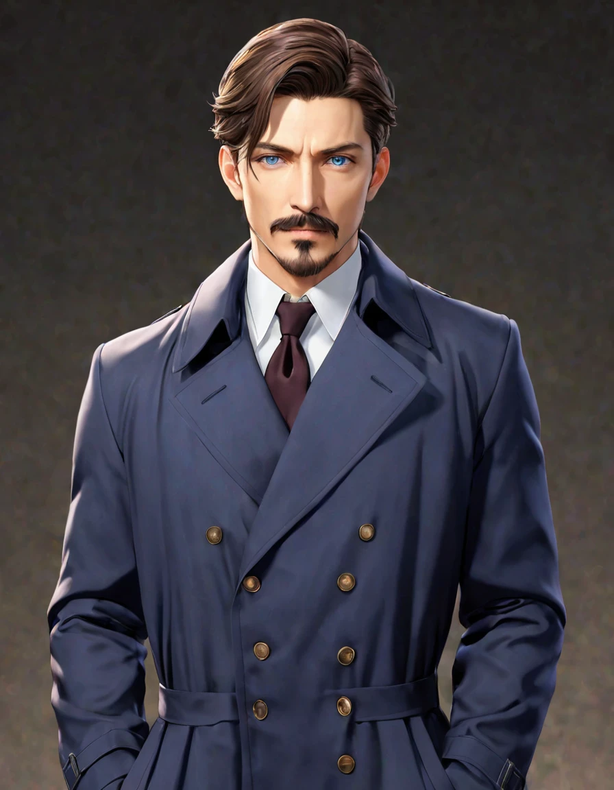 1man, mature male, parted bangs, medium-short hair, brown hair, muscular male celeb, short goatee, short mustache, indigo eyes, gentleman, elegant netori male, dark iris, upperwaist, ideal ratio body proportions, 1man, mature male, parted bangs, medium-short hair, brown hair, muscular male celeb, short goatee, short mustache, indigo eyes, gentleman, elegant netori male, dark iris, upperwaist, BREAK solo, white collared shirt, gray trench coat, black neck ribbon, in gentle sasaki style, visual novel, 2010s, extreme all detailed, masterpiece, best quality