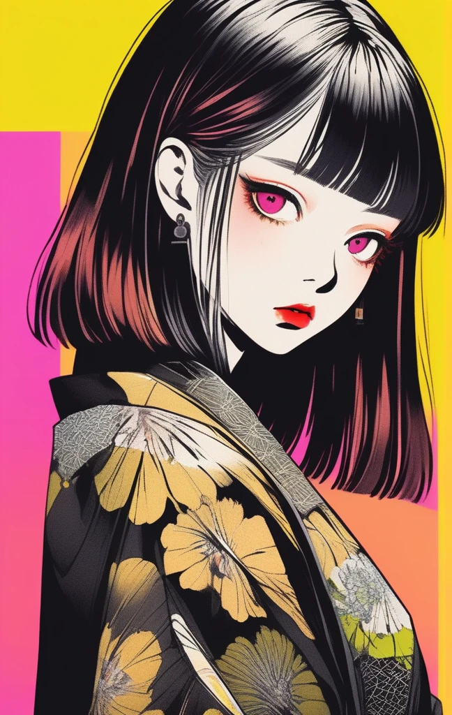 (best quality, sketch:1.2),realistic,illustrator,anime,1 girl, detailed lips, kimono,custom, black and gold gradient background,neon hair,textured cropping, masterpiece, style retro classic, noir style 、An illustration、art、70s horror movie posters, Supervised by Junji Ito、High detail, Realistic Shadows、Analog Style, chromatic aberration, Surrealism、Complementary Gradient