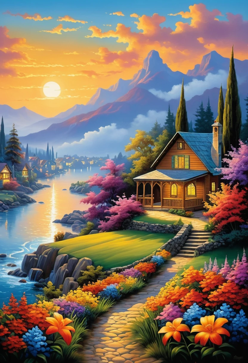 très détaillé, Beau painting landscape, style vintage, fleurs Kinkade colorées, composition du film, peinture numérique, élégant, Beau, Grand détail, Magnifique coucher de soleil en soirée

