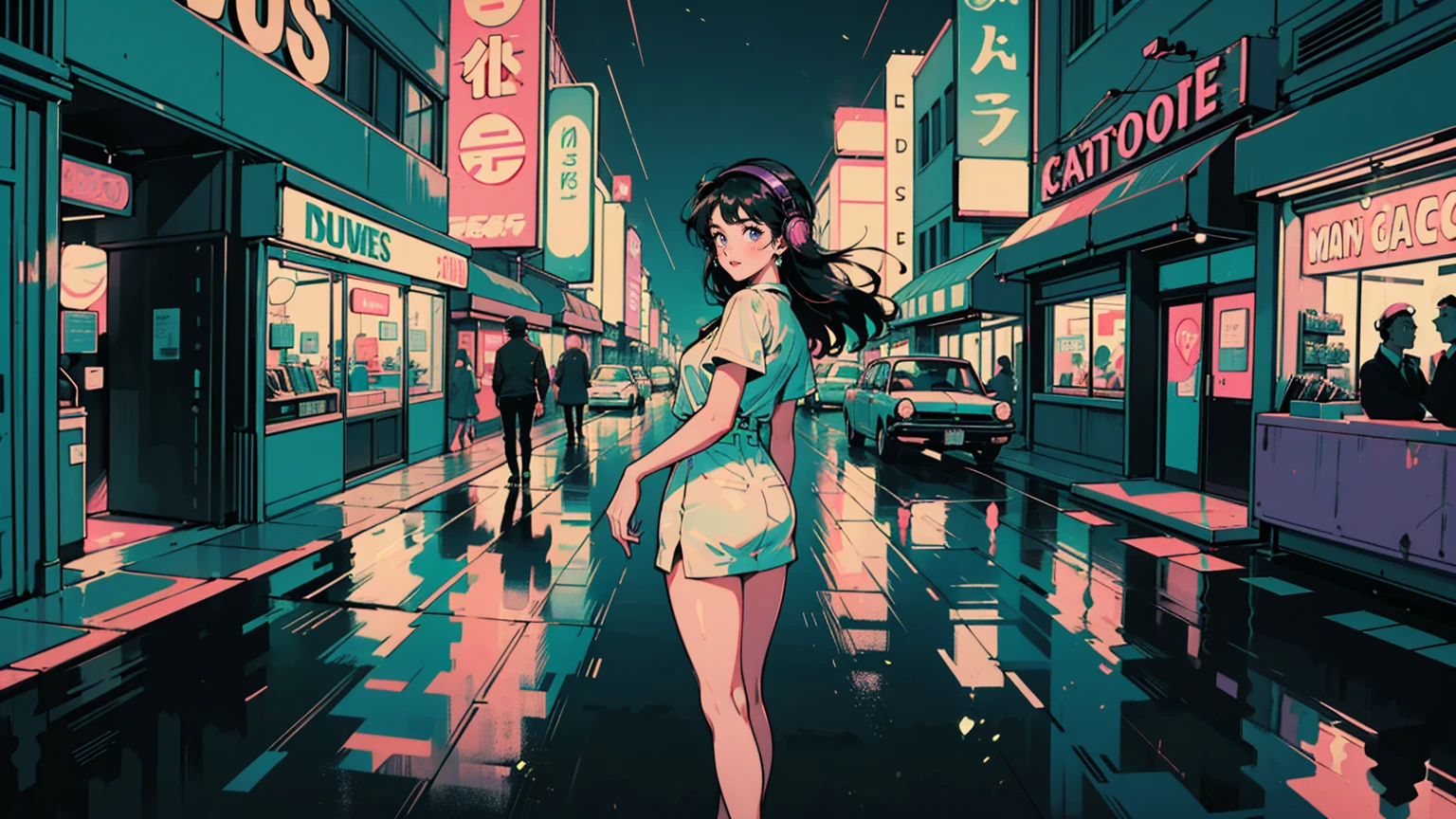 A vibrant 1980s neon-lit street at night, awash in a spectrum of colors. A 21-year-old girl with long hair and prominent headphones stands on the sidewalk, her white outfit a stark contrast to the kaleidoscopic surroundings. She's looking back at the viewer, silhouetted against a backdrop of multicolored neon signs, glowing billboards, and shimmering reflections on wet pavement. Vintage cars line the street, their metallic surfaces catching and distorting the myriad of lights. Purple, blue, and a little pink hues dominate the sky, while golden and green neons illuminate storefronts. The scene captures a nostalgic, synthwave aesthetic, pulsing with retro charm and urban energy.