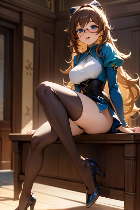 Imagine a female character of ((full body)), very long blonde curly hair , with a beautiful  figure, small breasts, beautiful bright blue eyes, full carmine lips, blushing cheeks, wearing a beautiful short green and golden dress, with puffed poet sleeves, leather corset, high stockings, high heels, green glasses, silver earrings, tight white micro panties, excessive pubic hair. Image in perfectly detailed resolution, full 4k quality, in an anime style, inspired by Navia from genshin impact, and aurora from sleeping beauty. She is a receptionist at an adventurer's guild, ((she is sitting on the reception desk)), hugging her breasts, with her ((legs spread)), showing her exposed crotch, upskirt, revealing her panties, looking at the viewer with a flirtatious look and a tender smile.