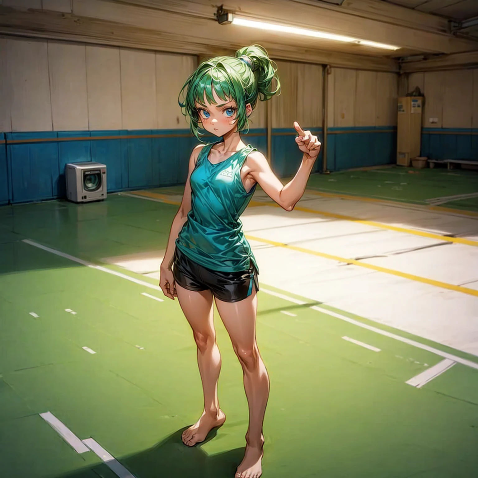 Solo character, kid girl, full body version, blue eyes, green hair, short Curly hairstyle, ponytail, sleeveless t-shirt, sports shorts, no shoes, Grassroots, background indoor room, (one piece style art), standing gesture looking tv