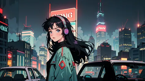 a rainy night in a neon-lit cyberpunk city, a 21-year-old woman with long hair in a vintage leather jacket stands at a crosswalk...