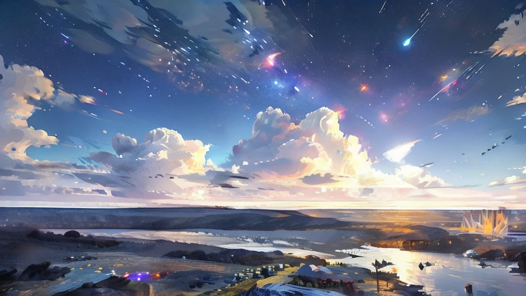 Skyline,night sky,Very wonderful rendering,Best Rendering,The finest details,Dream,wonderful,rich and colorful,8k resolution,Maximum resolution,universe,actor,landscape,landscapeArt,night,dark，City landscape below，Brightly lit，A silver-haired girl sits on the roof and looks into the distance，There are shooting stars in the sky，Highlight Meteor，Very dark