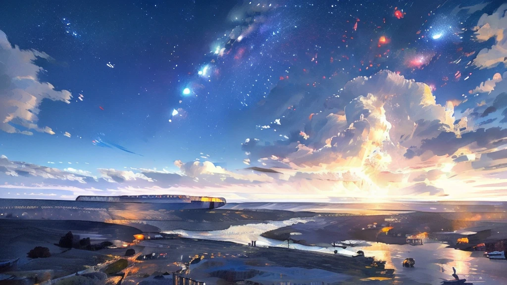 Skyline,night sky,Very wonderful rendering,Best Rendering,The finest details,Dream,wonderful,rich and colorful,8k resolution,Maximum resolution,universe,actor,landscape,landscapeArt,night,dark，City landscape below，Brightly lit，A silver-haired girl sits on the roof and looks into the distance，There are shooting stars in the sky，Highlight Meteor，Very dark