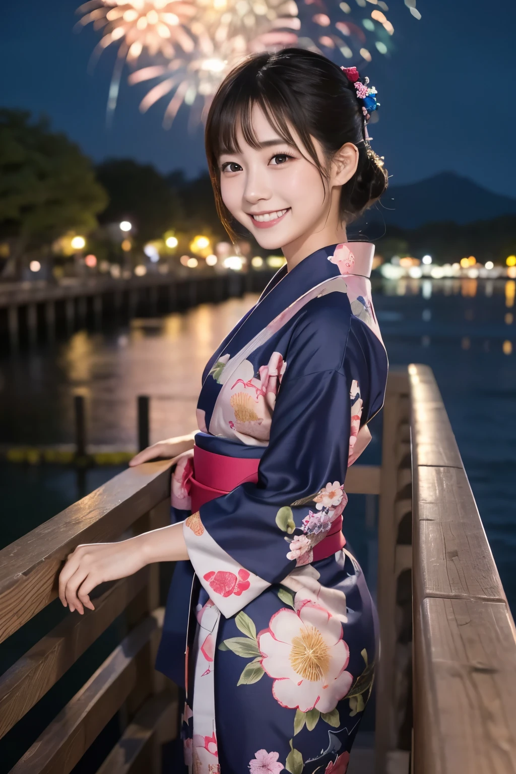 1 girl, 20 years old in Japan, Highest quality, RAW, 16K,Realistic, Depth of written boundary, Beautiful body, laugh, Eye details, beautiful girl, naturals makeup, Floral Yukata, Night view, naturals_light, Turning around and posing on the bridge, firework,