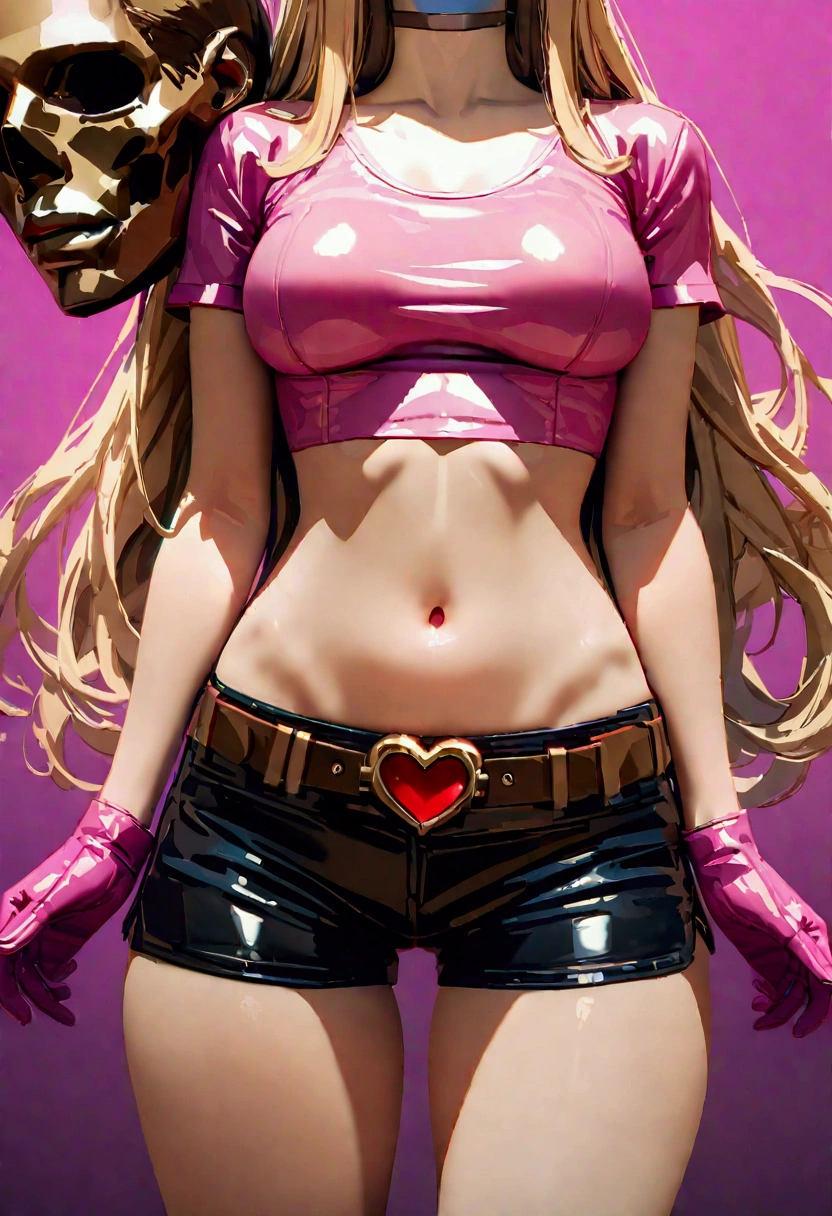 A young woman, tall body, (shoulder-length hair, blonde, side bangs), blue eyes, headless, disambodied head, medium chest, plain pink tight leather shirt (crop top, scoop neck, tight short sleeves), navel, dark blue leather shorts (ultra low-rise), brown leather belt with a red heart belt buckle, pink small gloves, pink small boots, (HEADLESS AND BLEEDING, EMBODIED HEAD, SHE HOLD HER HEAD), (UHD, 1080 P, 2K, 4K, 8K, Masterpiece, SUPER-DETAILED, SUPER-REALISTIC, BEST QUALITY)