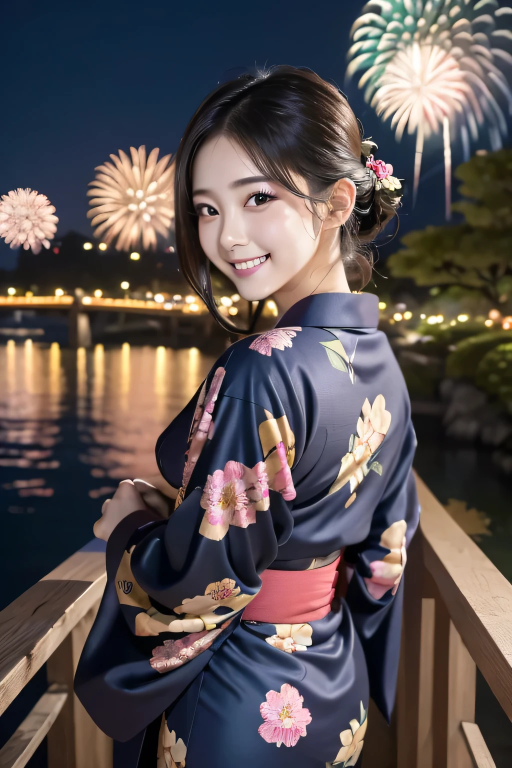 1 girl, 20 years old in Japan, Highest quality, RAW, 16K,Realistic, Depth of written boundary, Beautiful body, laugh, Eye details, beautiful girl, naturals makeup, Floral Yukata, Night view, naturals_light, Turning around and posing on the bridge, (firework),