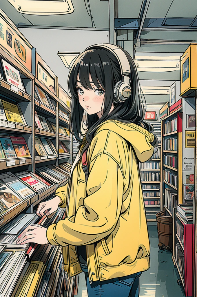 Create a detailed and atmospheric scene of a young woman browsing through vinyl records in a cozy record store. She should be wearing a yellow jacket and headphones, lost in thought as she examines a record. The store's shelves should be packed with various vinyl records, with colorful album covers visible. The lighting should be warm and inviting, emphasizing the nostalgic and intimate atmosphere. Use a realistic yet slightly stylized anime art style to capture the character's emotions and the richness of the environment.