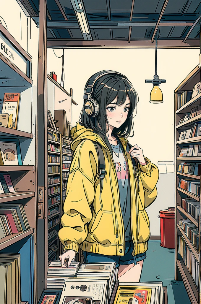 Create a detailed and atmospheric scene of a young woman browsing through vinyl records in a cozy record store. She should be wearing a yellow jacket and headphones, lost in thought as she examines a record. The store's shelves should be packed with various vinyl records, with colorful album covers visible. The lighting should be warm and inviting, emphasizing the nostalgic and intimate atmosphere. Use a realistic yet slightly stylized anime art style to capture the character's emotions and the richness of the environment.