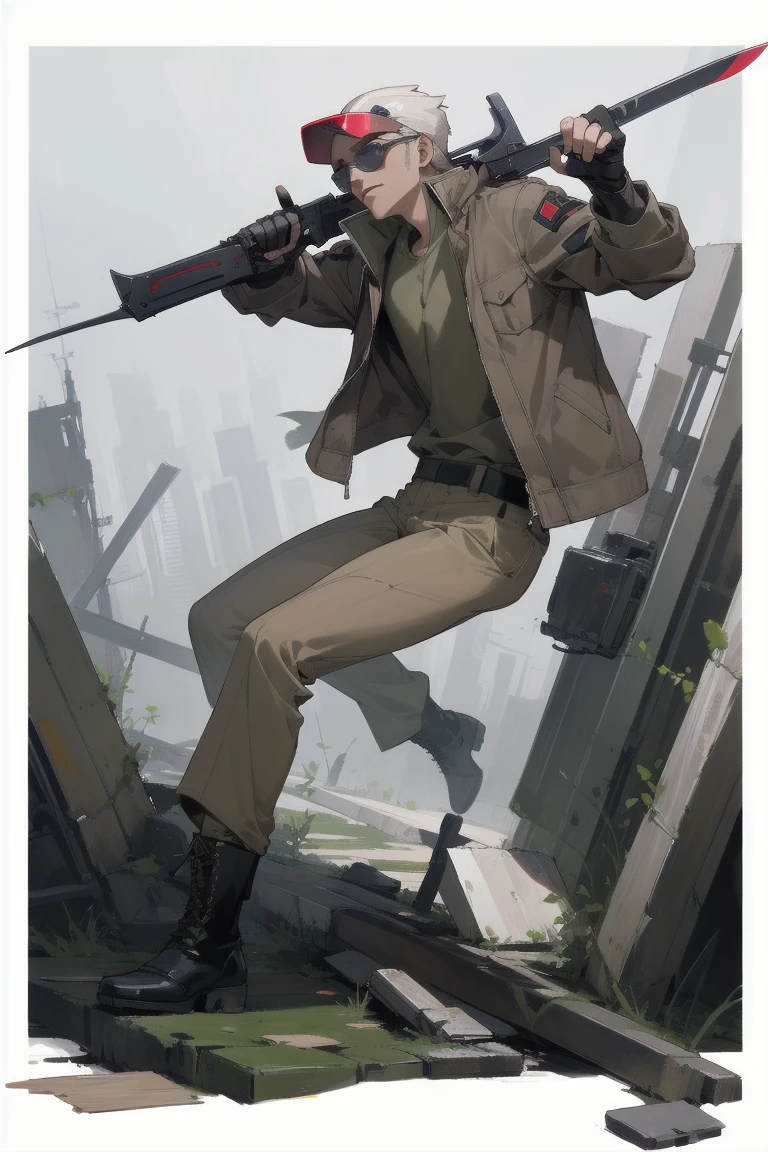 ((Highest quality)), ((masterpiece)), (Familiar), whole body,One man,cyber punk,military,Brown jacket,Khaki pants,boots,Sunglasses visor,White Blade,Gunman