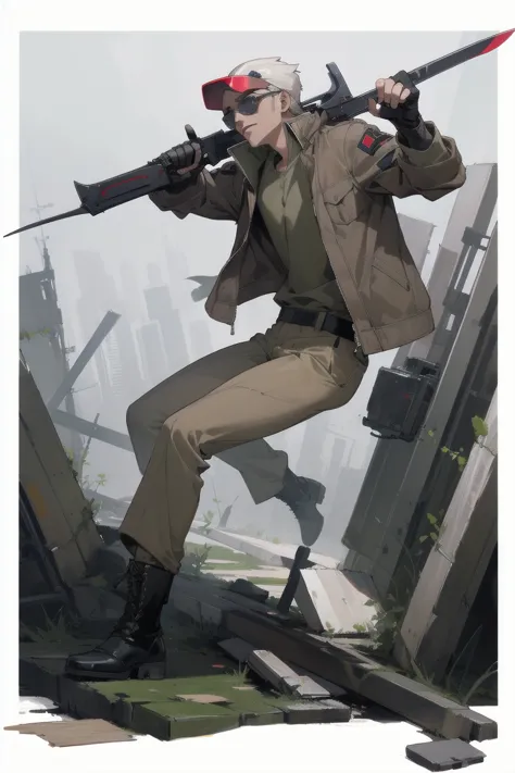 ((highest quality)), ((masterpiece)), (familiar), whole body,one man,cyber punk,military,brown jacket,khaki pants,boots,sunglass...