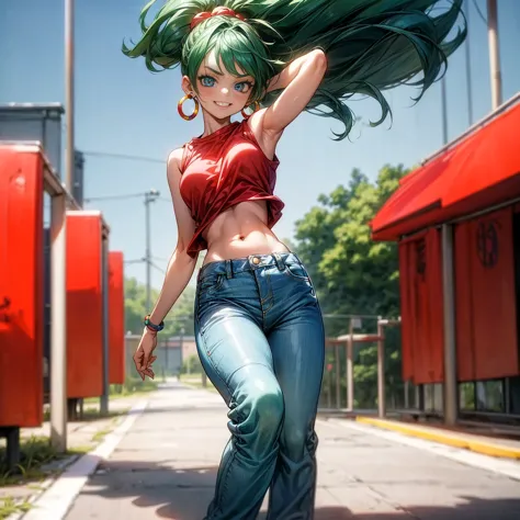 solo character, young girl, full body version, blue eyes, green hair, short curly hairstyle, ponytail, red sleeveless t-shirt, l...