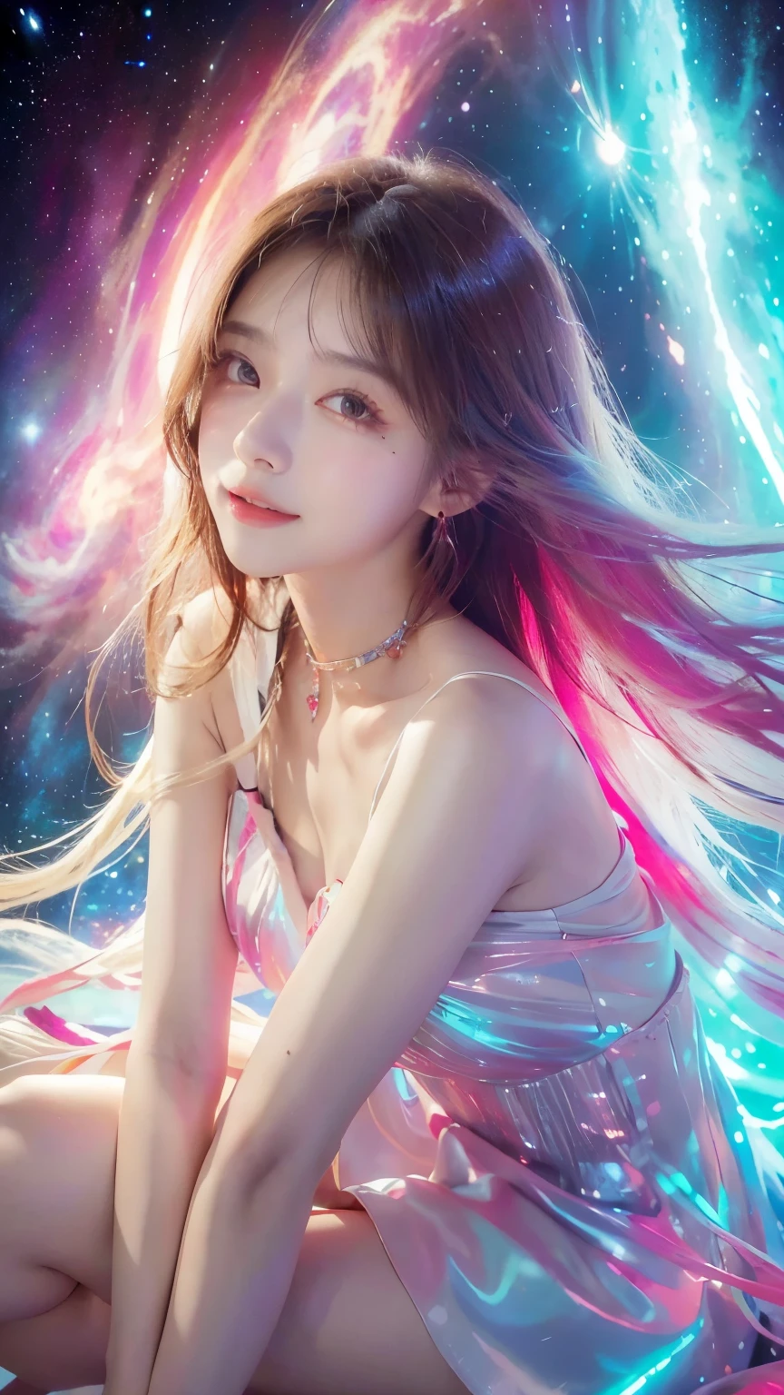 4K Ultra HD, masterpiece, girl with magical energy, nice face, long hair, shiny hair, detailed eyes, shiny lips, wearing a red dress, aura around the body, magic effect, Spread white and white light, Cosmic elements and celestial atmosphere, Mix of bright lights and colorful nebulae, space background, seat, full body capture.