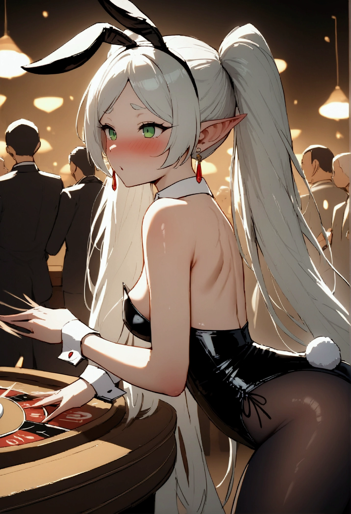 NSFW,masterpiece,Highest quality,High resolution,Very detailed,Frielen\(葬送のFrielen\),Pointed Ears,Green Eyes,Twin tails,very long hair of white color,, Earrings,Playboy Bunny,Black Pantyhose,casino,blush,sake,Serve customers,A large number of people,spanking,Leaning forward,From the side