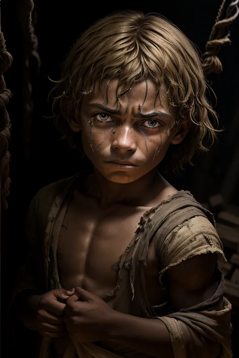 an 11 year old boy, slave, is portrayed with a look of anger and hatred towards society. he wears simple, torn clothes, highligh...