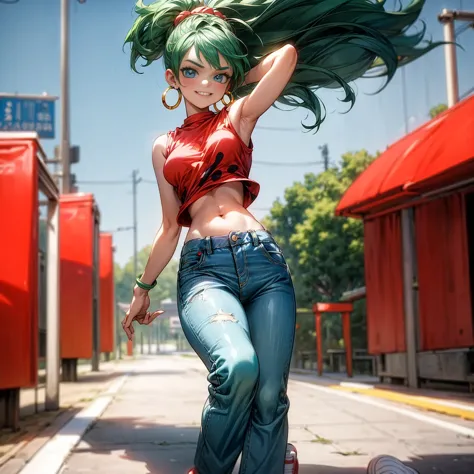 solo character, young girl, full body version, blue eyes, green hair, short curly hairstyle, ponytail, red sleeveless t-shirt, l...