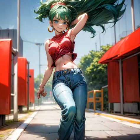 solo character, young girl, full body version, blue eyes, green hair, short curly hairstyle, ponytail, red sleeveless t-shirt, l...