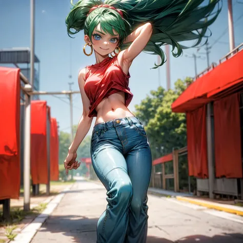 solo character, young girl, full body version, blue eyes, green hair, short curly hairstyle, ponytail, red sleeveless t-shirt, l...