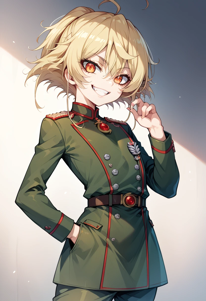 Degurechaff asked, military uniform, evil smile, short stature, NSFW