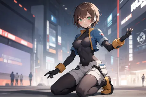 aile_megamanzx, kneeling with one hand on the ground and the other arm raised, 1girl, solo, short hair, brown hair, short sleeve...