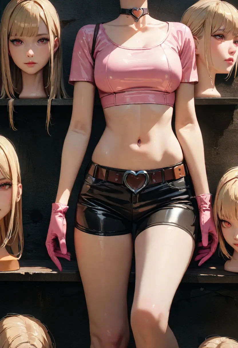 a young woman, headless, severed head, disambodied head, bleeding neck, tall body, medium chest, plain pink tight leather shirt ...