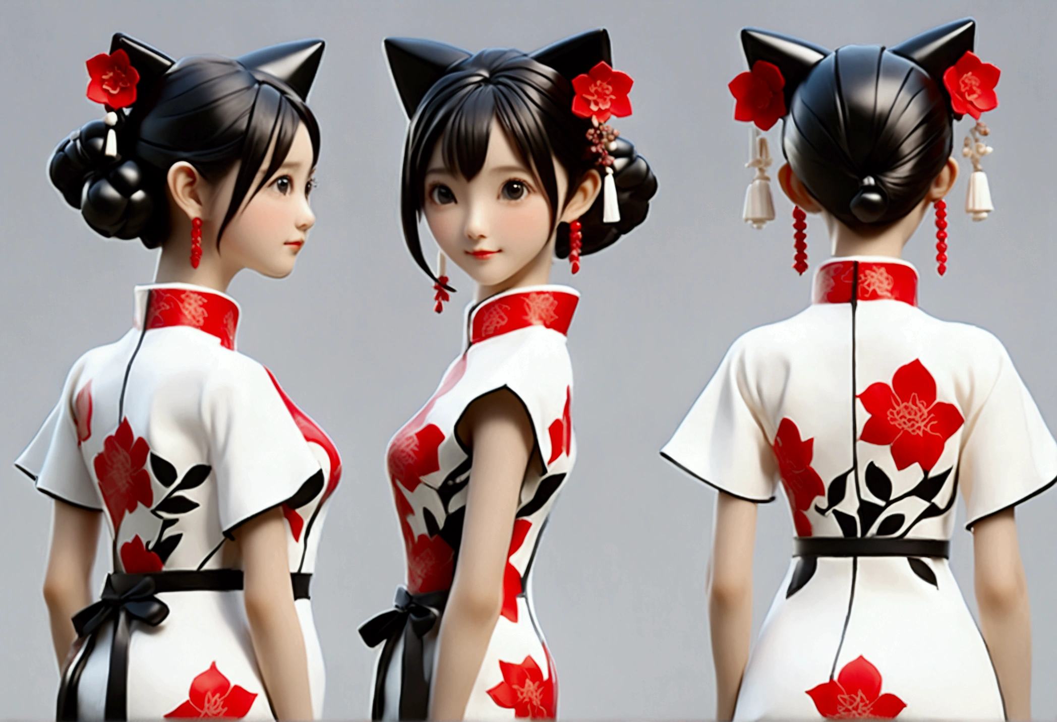 (((Mostrando la vista frontal del mismo diseño de figura IP de personaje 3D、Vista lateral、Vista trasera:1.5)))，Chica joven de moda，Vistiendo un moderno cheongsam teñido con tinta，Cheongsam de seda Atles de colores mezclados en blanco y negro con tinta，Cheongsam tótem uigur，Patrón de buganvilla roja，Estilo cheongsam que combina etnicidad y moda.，patrón retro chino，Lindo patrón floral，mangas de avión，mangas anchas，Mangas de globo，Mangas de pipa，Crea personajes de tendencia nacional en 3D.，Patrón delicado de buganvilla，Integración cultural multiétnica，Estilo chino tridimensional，Diseño de figura IP de personaje 3D de estilo chino.，Rostro ovalado perfectamente proporcionado，Textura de calidad ultraalta a nivel de película，iluminación global，（Estilo de cuerpo completo），((El mismo diseño de figura IP de personaje en 3D con la misma ropa y accesorios desde múltiples perspectivas，Vista frontal del mismo diseño de figura IP de personaje 3D，同一个3D人物IP手办设计的Vista lateral，同一个3D人物IP手办设计的Vista trasera))，
