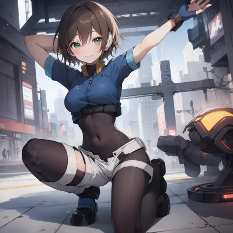 aile_megamanzx, kneeling with one hand on the ground and the other arm raised, 1girl, solo, short hair, brown hair, short sleeve...