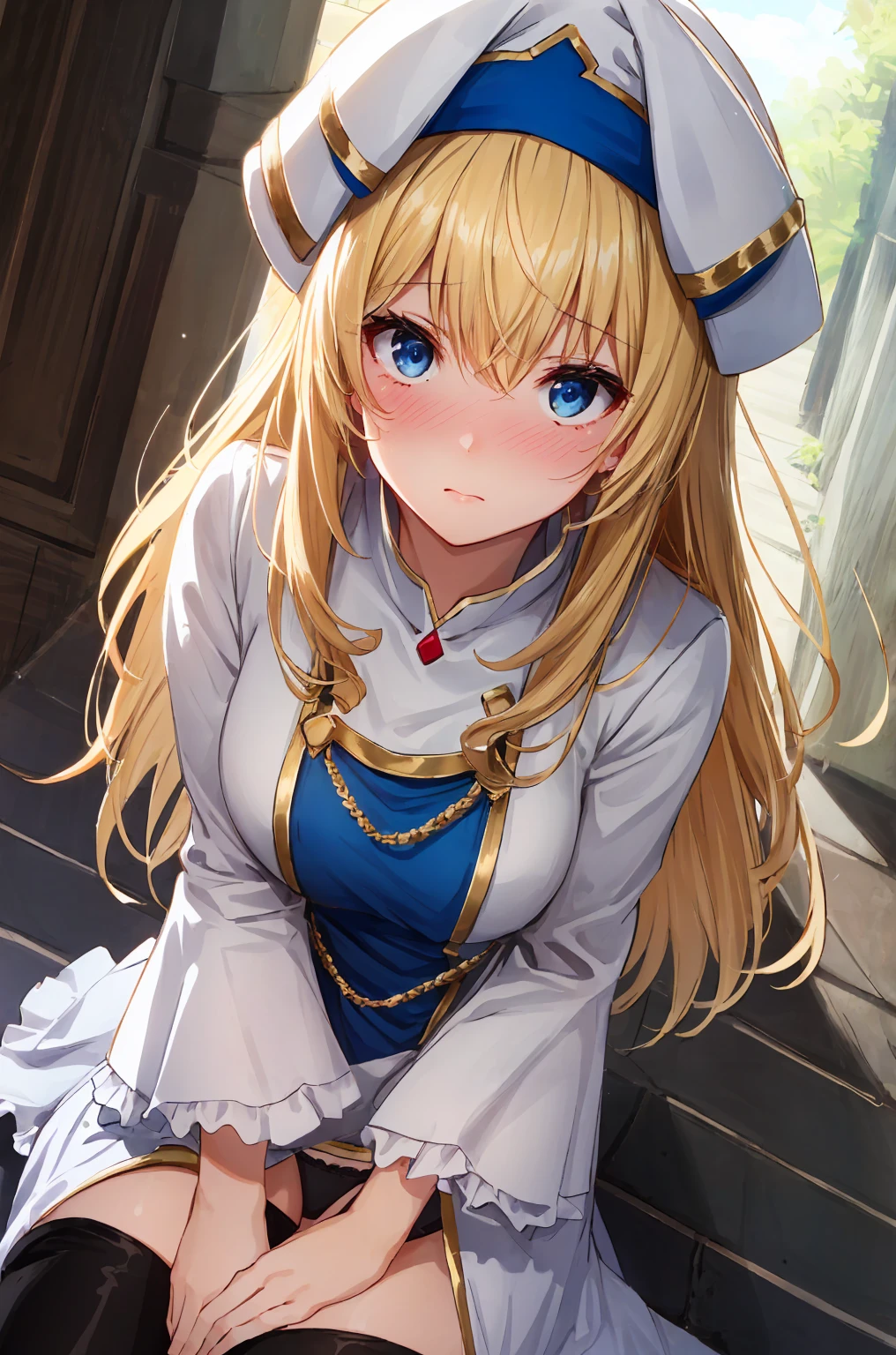 priestess, blonde hair, blue eyes, long hair, hair between eyes,sitting, (upper body:1.3),(white panty),(blush,embarrassed),
boots, dress, frilled sleeves, frills, hat, white headwear, pelvic curtain, high heels, robe, thigh boots, thighhighs, white thighhighs, long sleeves, puffy sleeves,top-quality,Top image quality,perfect anatomy,masterpiece,ultra-detailliert,Beautiful,ultra-quality, best quality,high resolution, ultra-detailed,game cg,dutch angle ,beautiful detailed eyes,visualart,five fingers, perfect hands, perfect lighting,