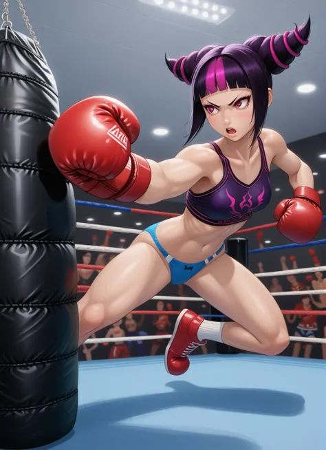 anime girl with purple hair and blue panties posing next to a punching bag, punching in a bag, juri misaki, boxing, in a boxing ...