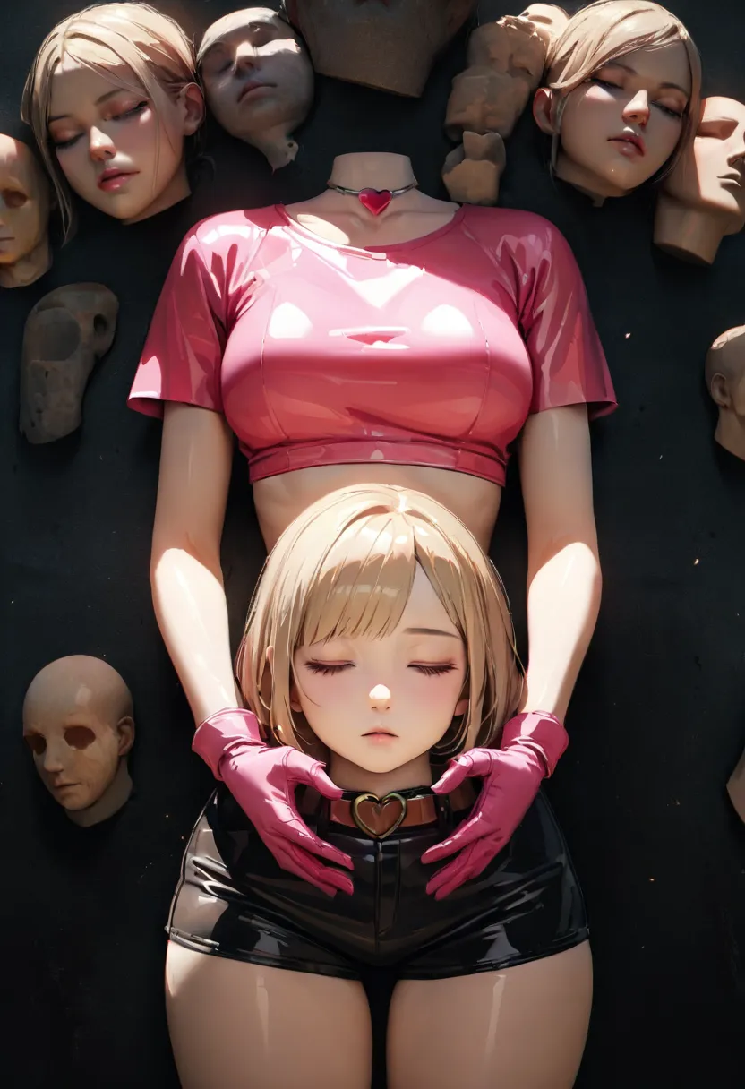 a young woman, headless, severed head, disambodied head, bleeding neck, tall body, medium chest, plain pink tight leather shirt ...