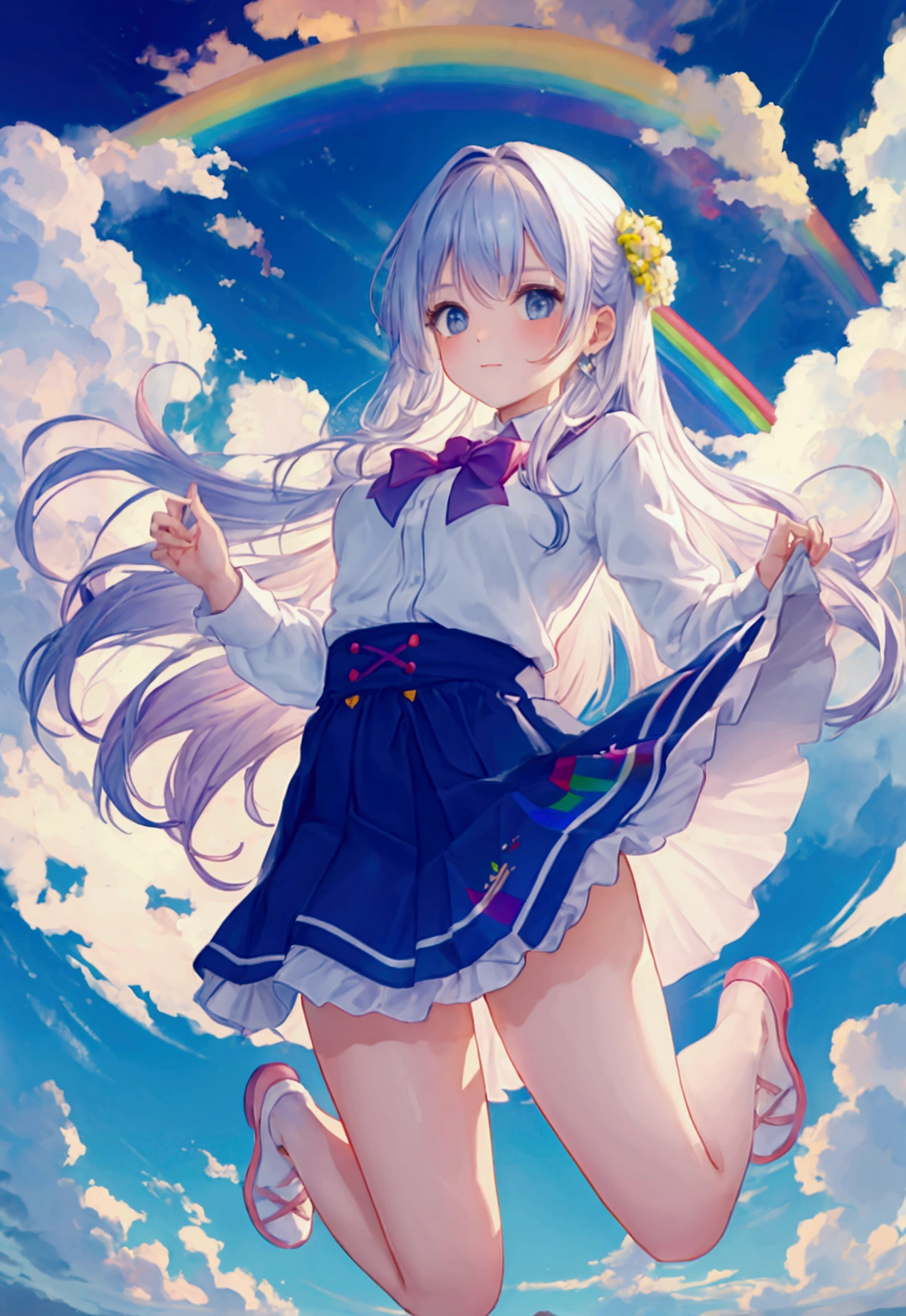 Girl jumping in the rainbow sky