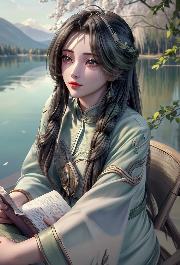 a girl reading a book by the lake, beautiful detailed eyes, beautiful detailed lips, extremely detailed eyes and face, long eyel...