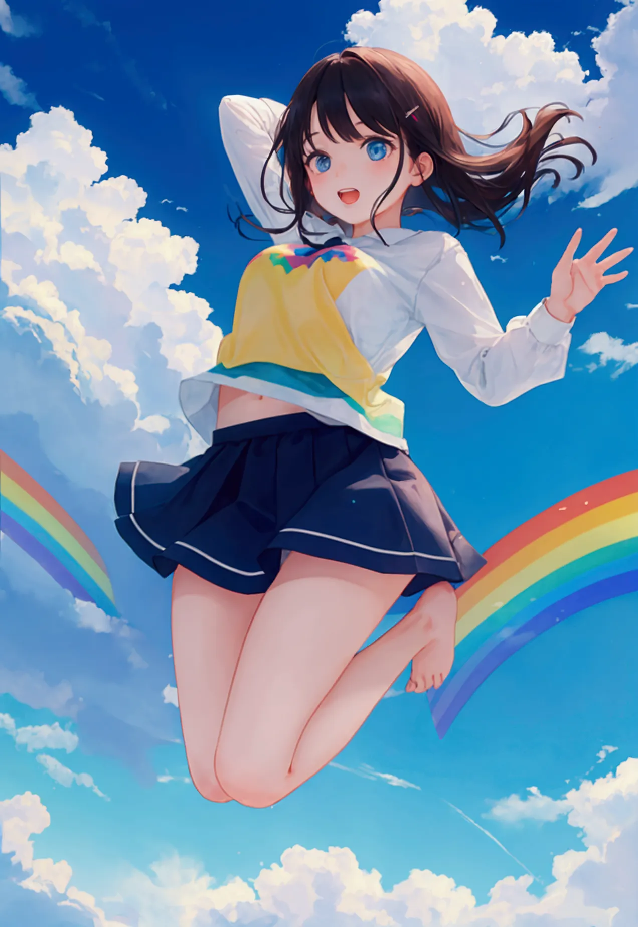 Girl jumping in the rainbow sky