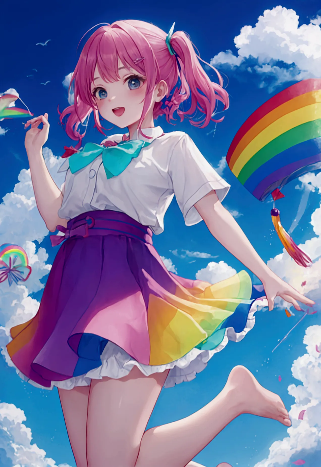 Girl jumping in the rainbow sky