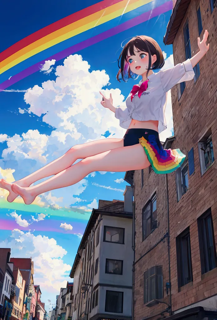 Girl jumping in the rainbow sky
