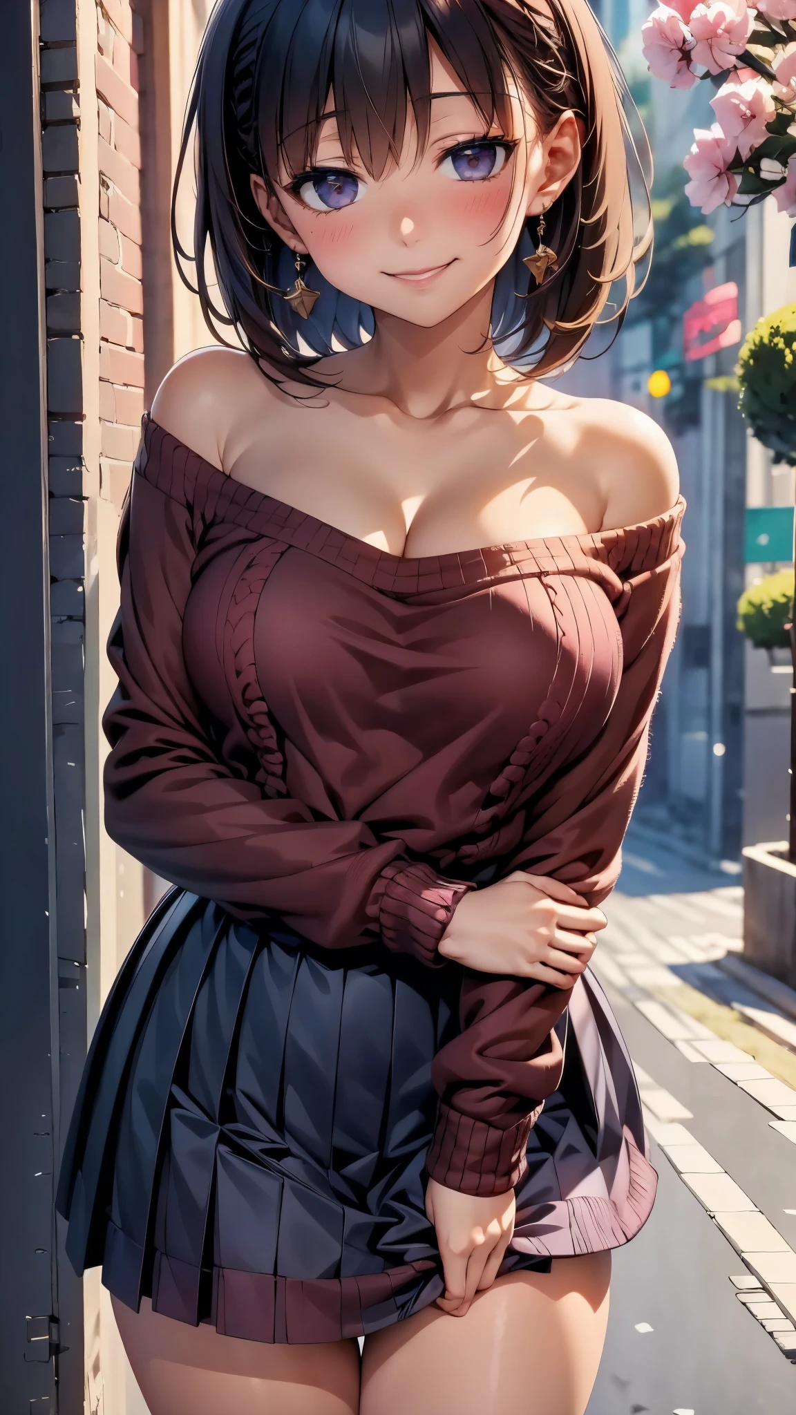 Absurd、High resolution、(masterpiece)、Highest quality、(Perfect Anatomy)、Very detailed, Anime illustration, 

(Depth of written boundary)、ボケ Depth of written boundary, 
(のsuperior, Chiquita), short hair, Black Hair, 
One Girl, sarashina_hand, Large Breasts, 
(pink sweater dress:1.2), 
superior, Cleavage, Bare shoulders, 
On the street, superiorから, 
smile, blush, Open your mouth, Thighs Thighs Thighs Thighs, 
Browsing Caution, View your viewers,
hug,