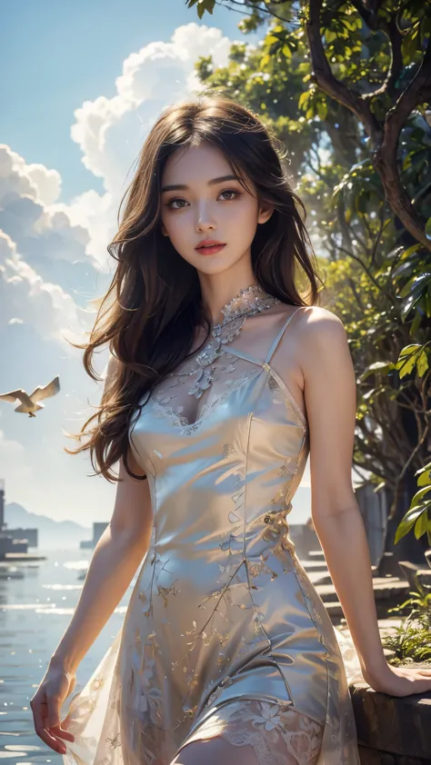 8K, UHD, masterpiece, 1 girl, good face, very long hair, detailed eyes, detailed lips, light makeup, small breasts, ((ornament dress)), yellow dress, ((strap lace)), stocking, in the cloud, cloudy sky, flowers, water, heaven, flying birds, dim lighting, realistic shadow, bloom, ray tracing,