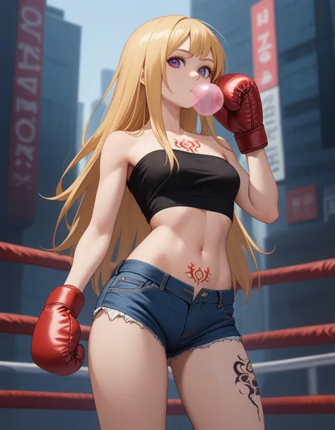 score_9, score_8_up, score_7_up,soft shadows, city, detailed break 1girl, blonde hair, long hair, purple eyes, denim shorts,tube...