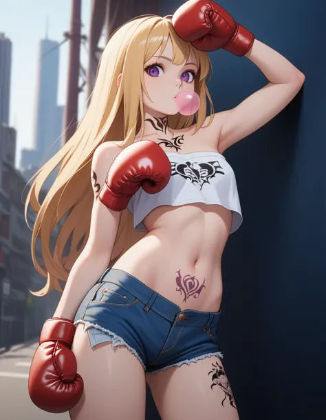 score_9, score_8_up, score_7_up,soft shadows, city, detailed break 1girl, blonde hair, long hair, purple eyes, denim shorts,tube...