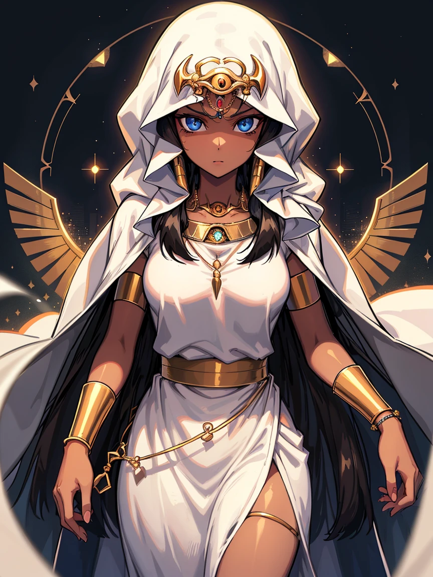 Eye of Horus, Brown skinned woman, alone, Long Hair, Black Hair、White hood, Blue eyes, Jewelry, 
Egyptian, 

((Highest quality, High resolution, Perfect Pixel, 4K)), (Beautiful Anime Girls), Depth of written boundary、 Watching the audience, 