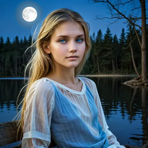 under the light of a full moon, a young woman with long, flowing blonde hair sits on a bench by a serene lake. the moonlight cas...