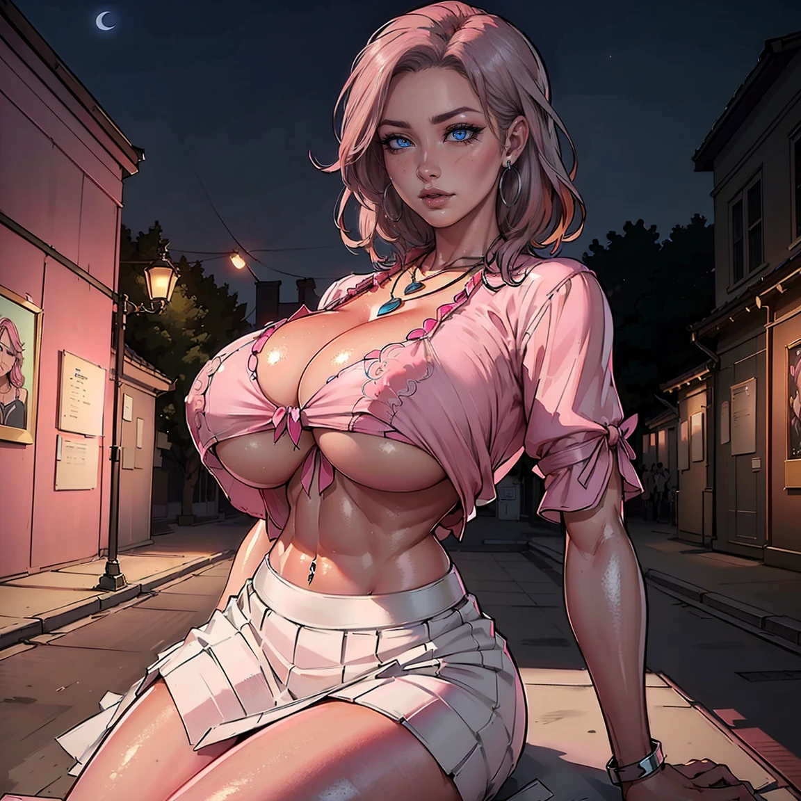 ((Highest quality, 8k, masterpiece :1.3)), (Sharp focus :1.2, Beautiful woman with perfect figure :1.4, Slim Abs :1.2), ((Big Breasts, Emphasize cleavage, The underboob is visible:1.3)), (Photorealistic:1.4), (realistic:1.4), (Pink Hair:1.5), Highly detailed face and skin texture, Fine grain, double eyelid. Makeup face, A little bit of lipstick, sex appeal, Sexy gravure pose, ((Pink blouse and white skirt。The background is the museum、night show。Accessory: silver necklace。:1.3)