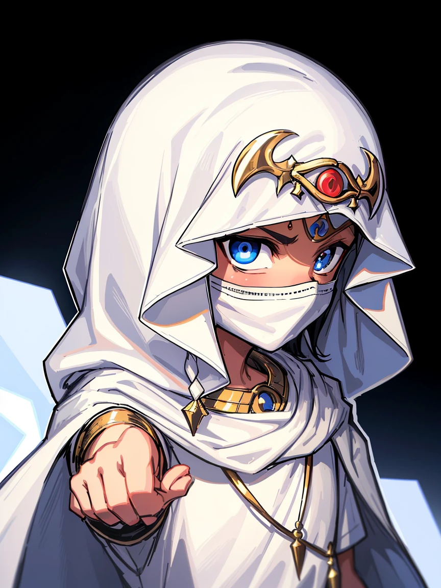 Eye of Horus, Men with brown skin, elder、alone, 
(White hood、White Mask), Blue eyes, White Cape、
Egyptian, Chibi Character、

Portrait、Black Background、

((Highest quality, High resolution, Perfect Pixel, 4K)), (Beautiful Anime Girls), Depth of written boundary、 Watching the audience, 