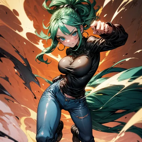 solo character, girl, full body version, blue eyes, green hair, long curly hairstyle, ponytail, black t-shirt, long jeans, white...