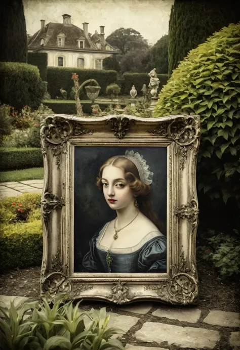 traditional, antique frame, old picture, classic, dated period, oil paint, garden in background, desaturated image, horror tone,...