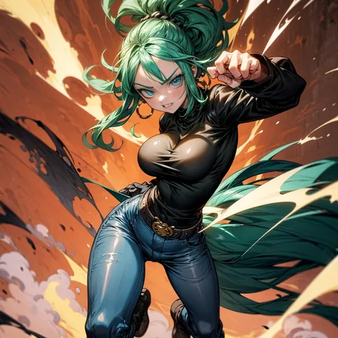 solo character, girl, full body version, blue eyes, green hair, long curly hairstyle, ponytail, black t-shirt, long jeans, white...